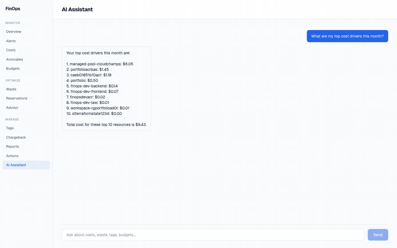 AI Assistant answering a cost question with real Azure data