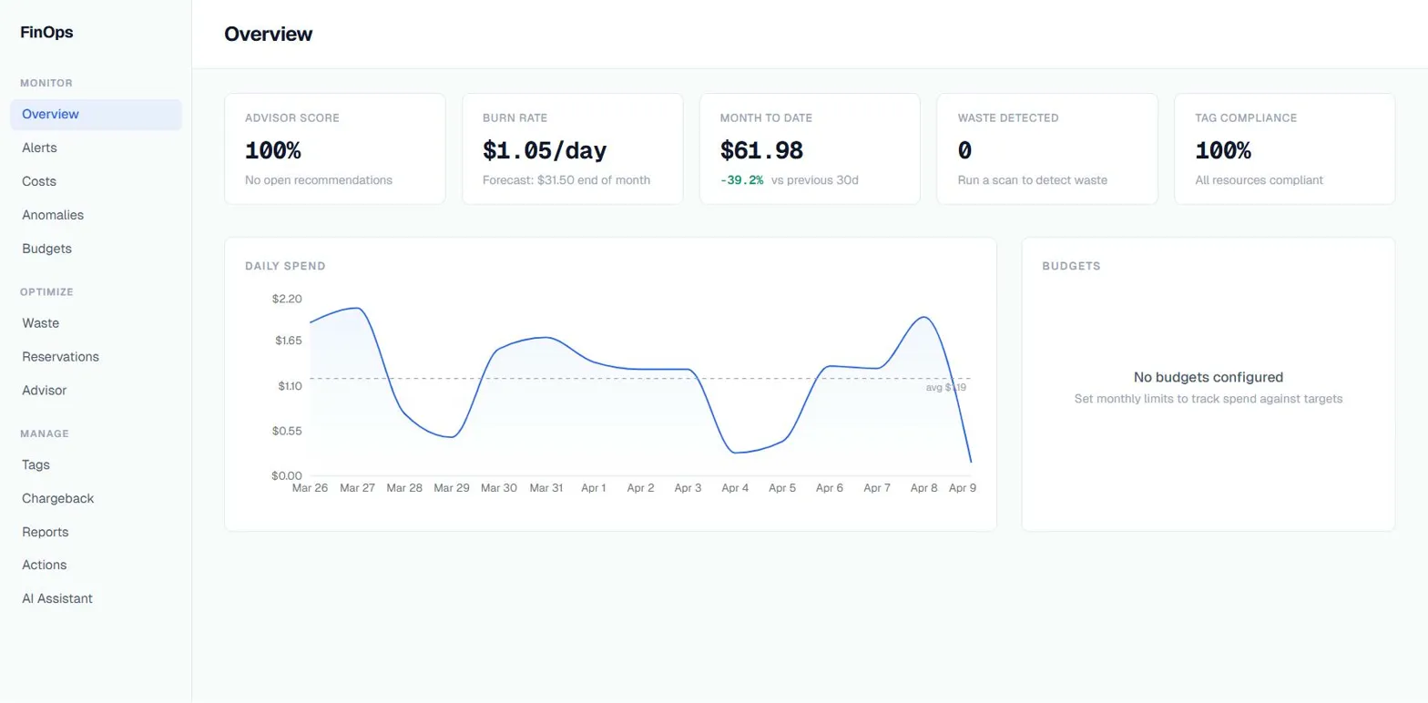 Overview dashboard showing burn rate, daily spend chart, and compliance metrics